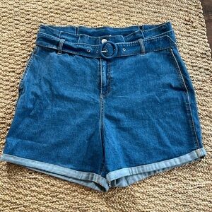 Eloquii Denim Size 14 High Waisted Belted Medium Wash Denim Shorts 5.5” Inseam
